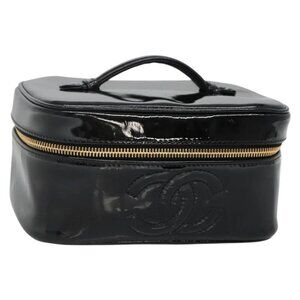 CHANEL Vanity Pouch Patent leather Black Gold CC